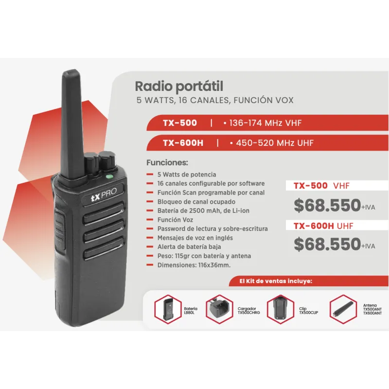 Radio Portátil TXPRO TX-500 VHF / TX-600H UHF 5W 16 Canales VOX