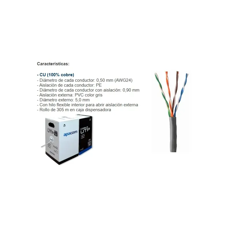 Cable UTP APACOM Cat5e 100% cobre (CU)