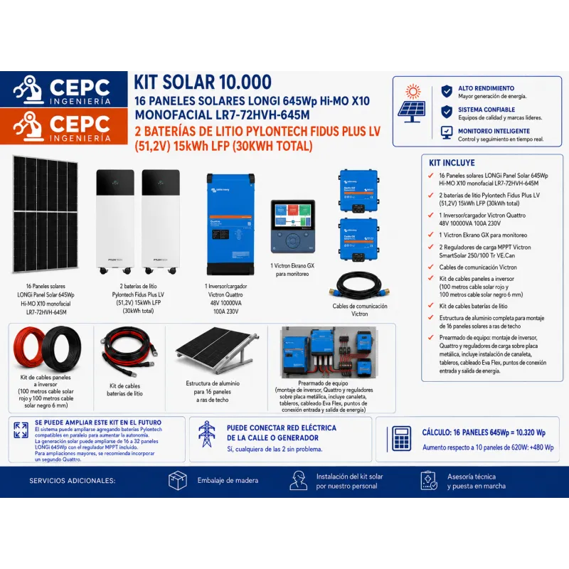 Kit Solar Victron 10kVA – 16 LONGi 645Wp + 2 Pylontech Fidus Plus 15kWh