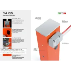Barrera automática NICE WIDES de 3 a 4 metros motor 24 VDC y brazo de aluminio Panel de control incorporado velocidad regulable 