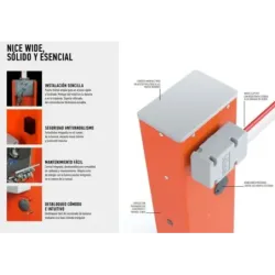 Barrera automática NICE WIDEL de 6 metros motor 24 VDC de uso intensivo y brazo de aluminio en dos secciones Panel de control in